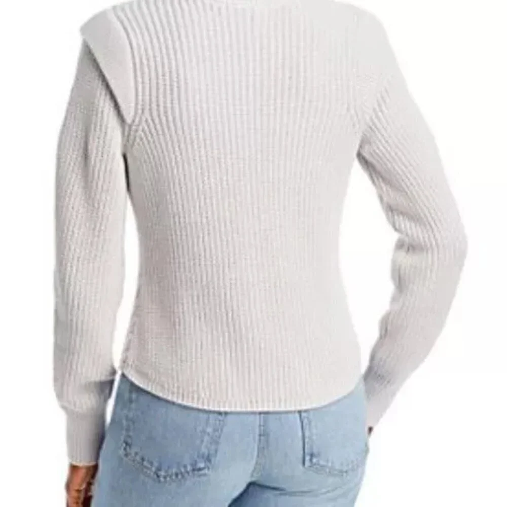 AQUA Knitted Ribbed Cotton Grey Epaulet Sweater In Cream/Gray Color Size Small